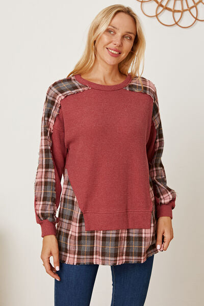 Plaid Round Neck Dropped Shoulder Sweatshirt