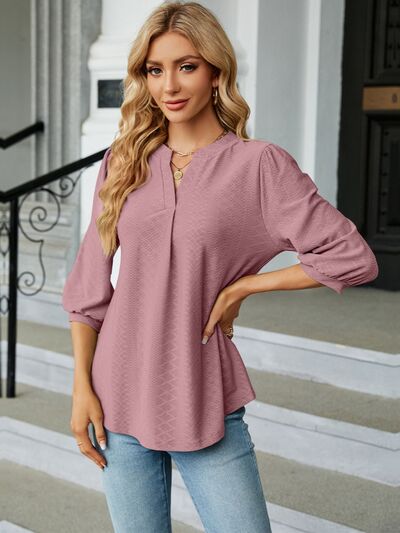 Textured Notched Three-Quarter Sleeve Blouse