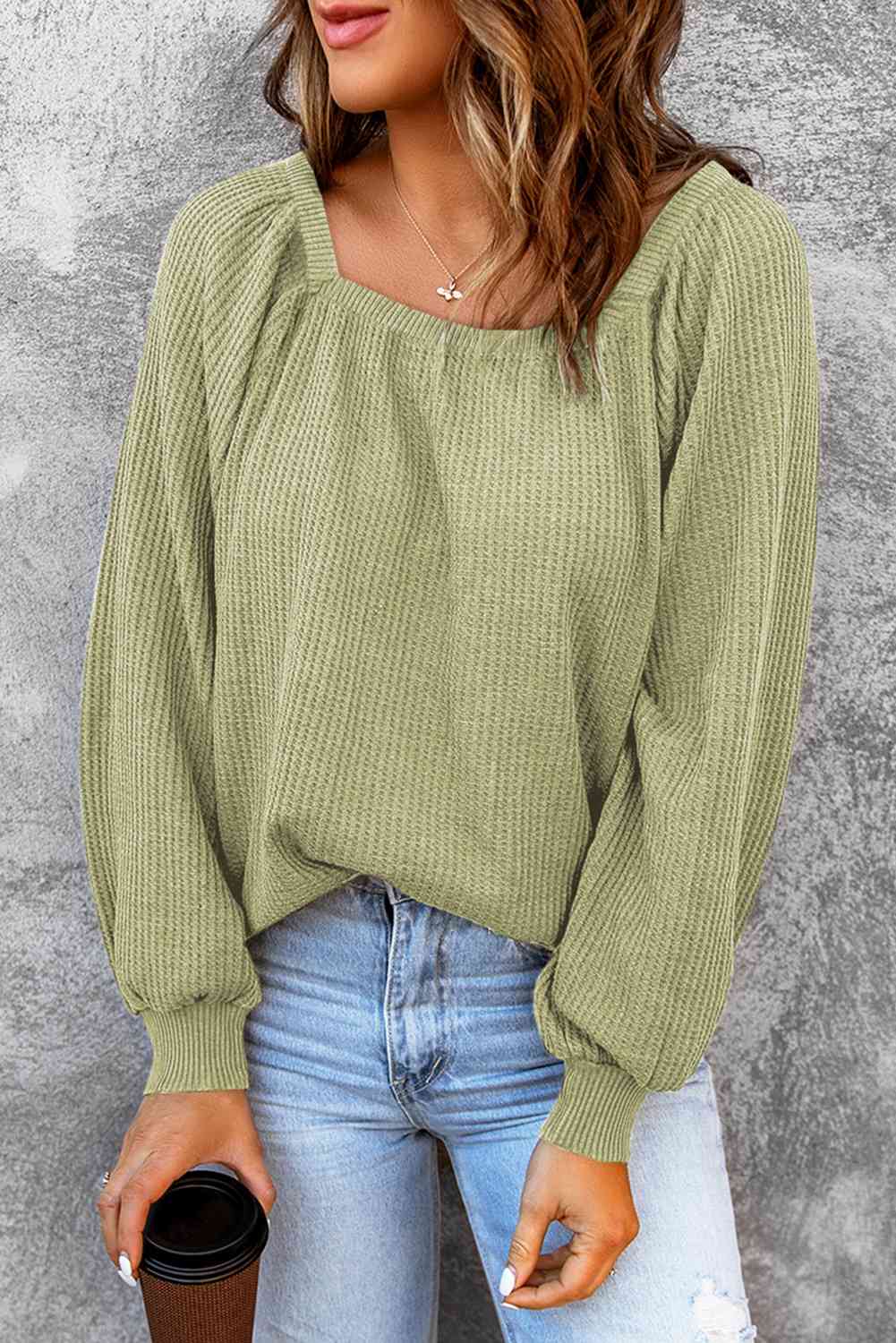 Square Neck Waffle-Knit Top