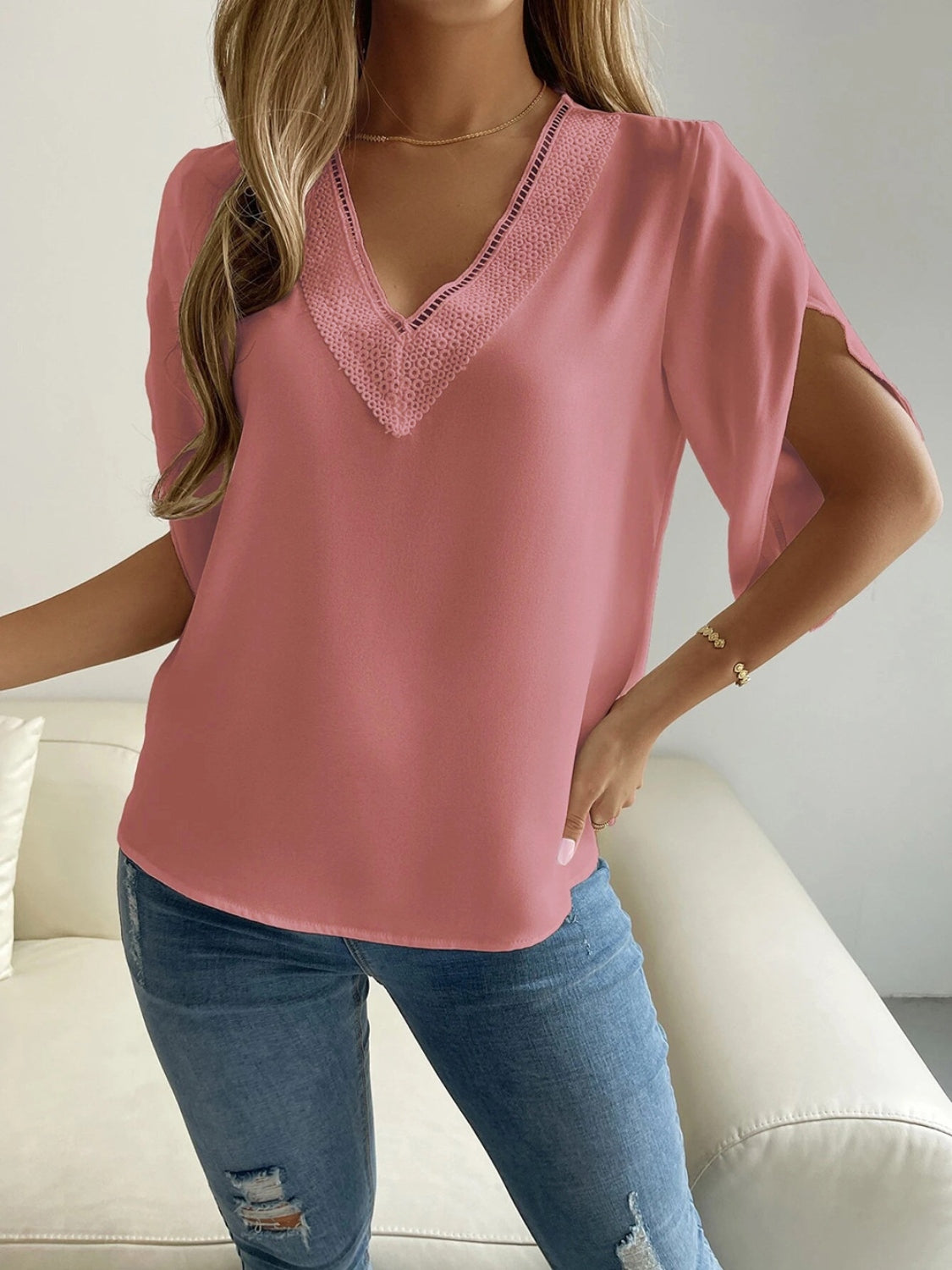 V-Neck Short Sleeve Blouse