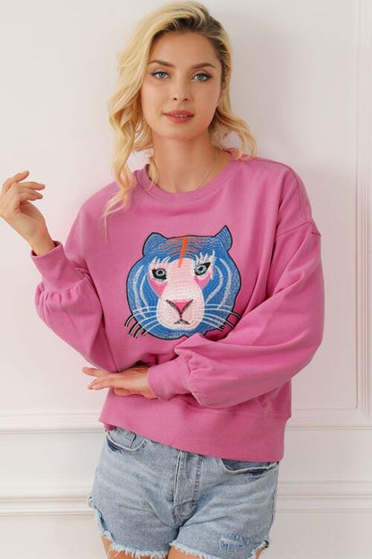 Tiger Embroidered Drop Shoulder Sweatshirt