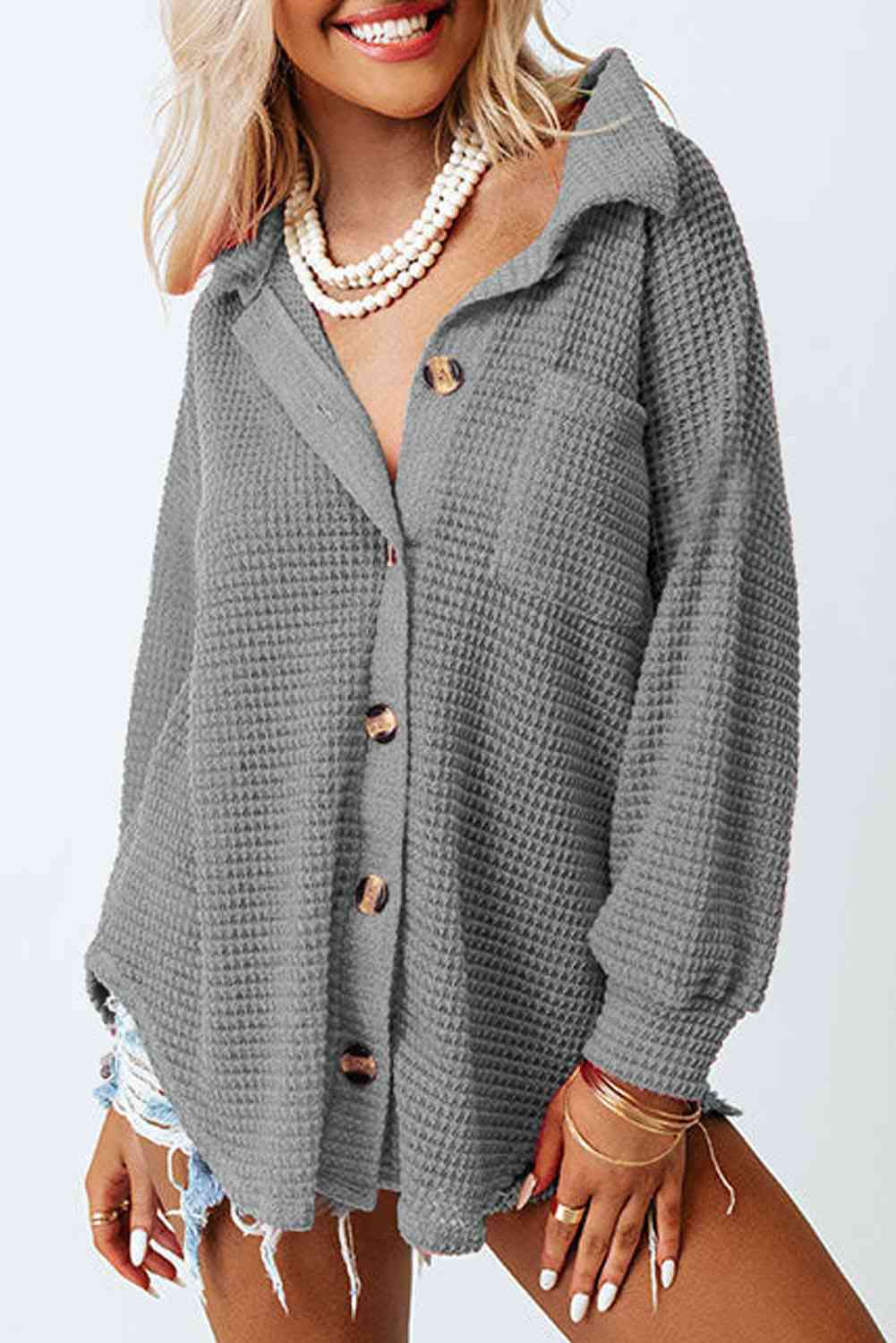 Waffle-Knit Button Up Long Sleeve Shirt with Pocket