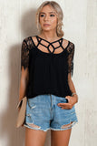 Strappy Neck Spliced Lace Eyelash Trim Blouse