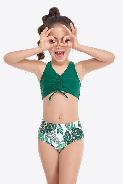 Printed Drawstring Ruched Two-Piece Swim Set