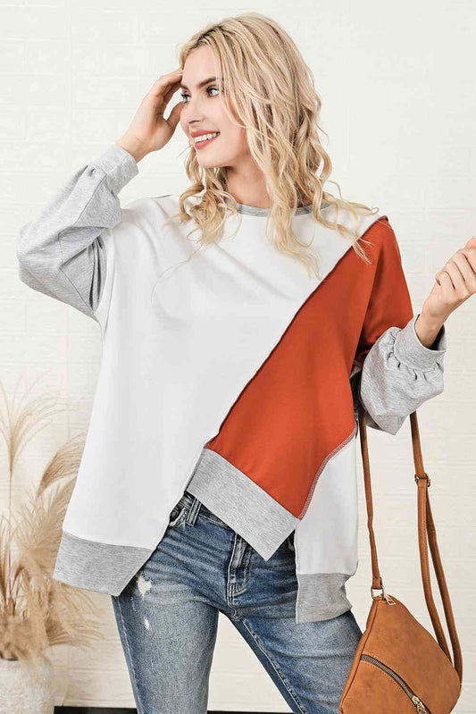 Color Block Exposed Seam Asymmetrical Sweatshirt