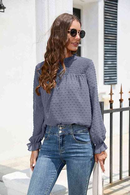 Smocked Mock Neck Swiss Dot Top