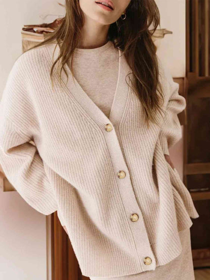 Full Size V-Neck Rib-Knit Cardigan