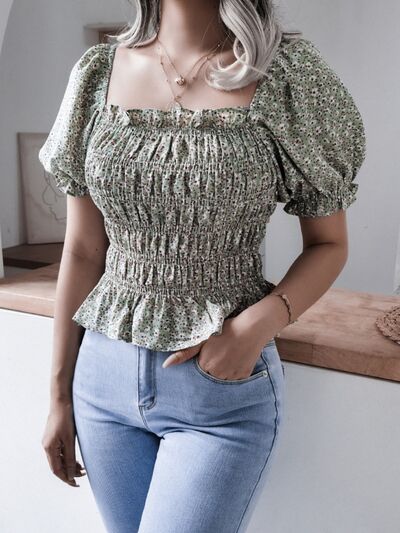 Frill Smocked Square Neck Short Sleeve Blouse