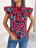 Leopard Tie Neck Cap Sleeve Blouse