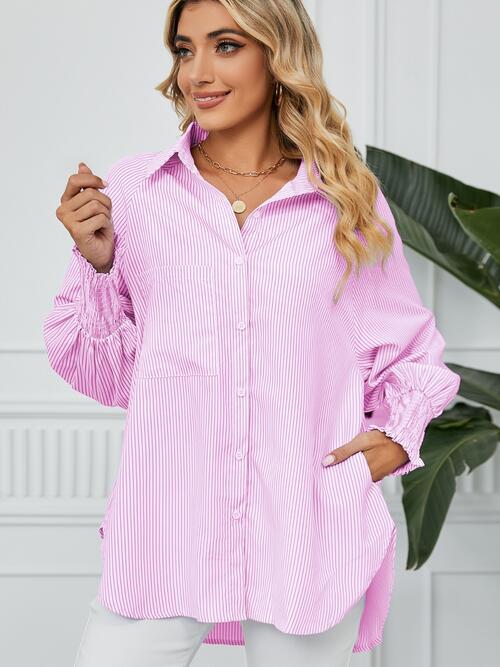 Striped Button Up Smocked Long Sleeve Shirt