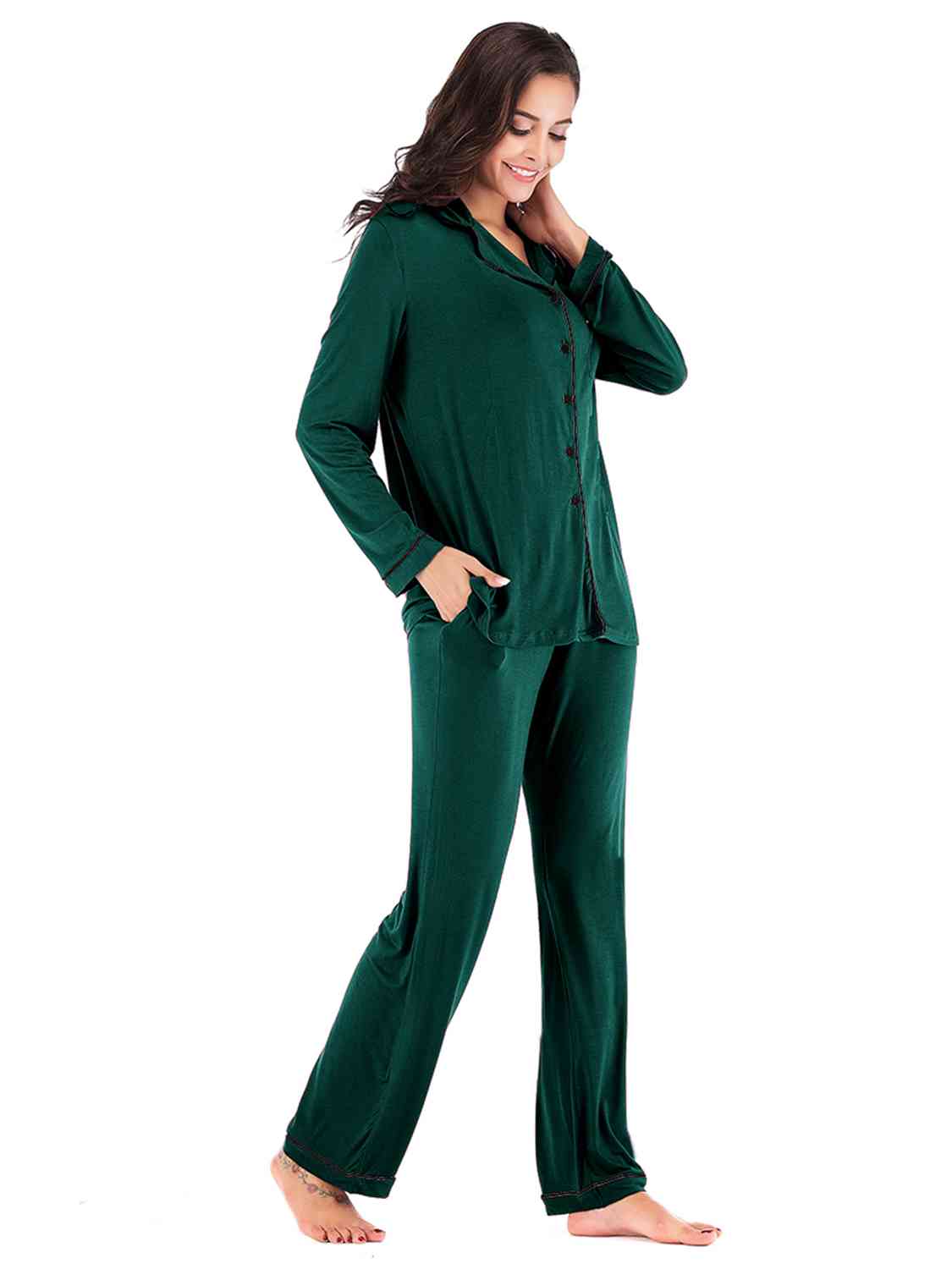 Collared Neck Long Sleeve Loungewear Set with Pockets