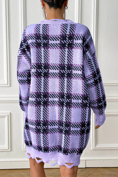 Plaid V-Neck Long Sleeve Sweater Dress