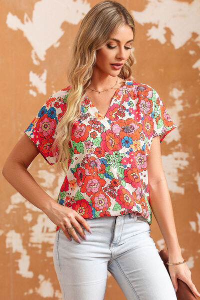 Printed Notched Short Sleeve Blouse