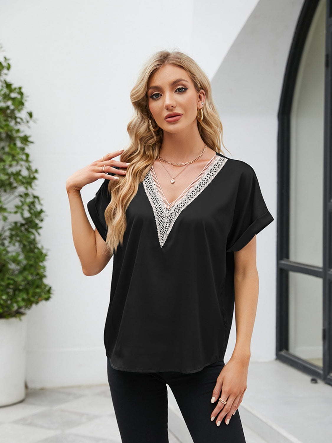 V-Neck Short Sleeve Blouse