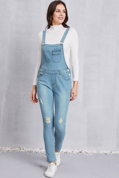 Distressed Washed Denim Overalls with Pockets