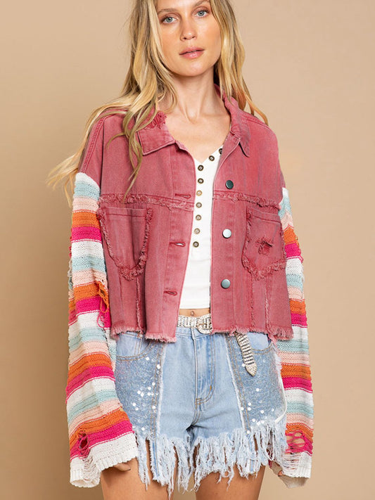 Distressed Striped Long Sleeve Denim Jacket