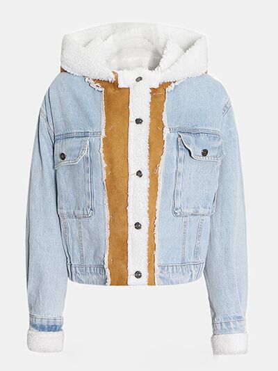 Contrast Raw Hem Hooded Denim Jacket