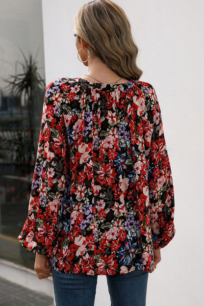 Floral Print Balloon Sleeve Ruched Blouse