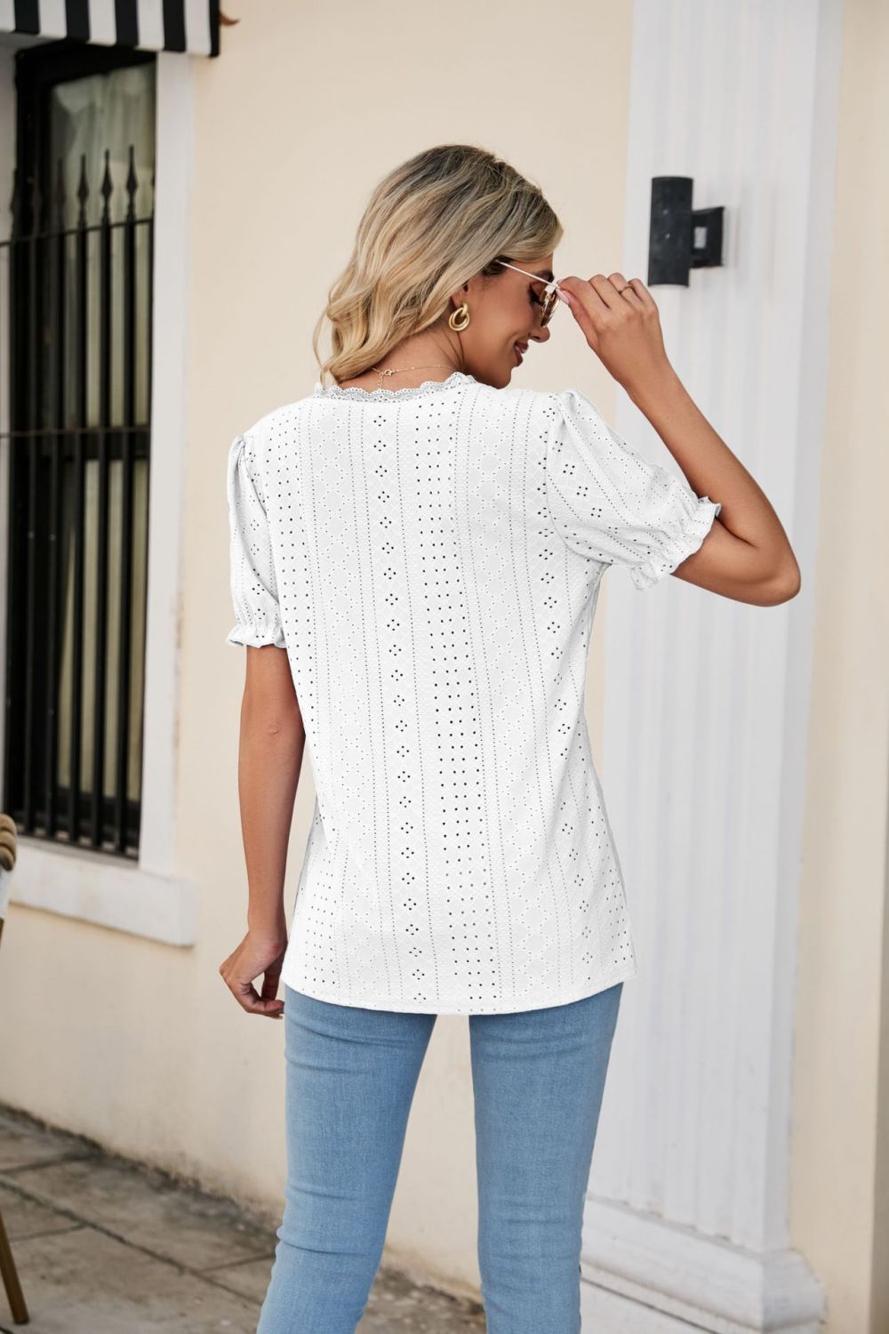 Eyelet Flounce Sleeve Scalloped V-Neck Top