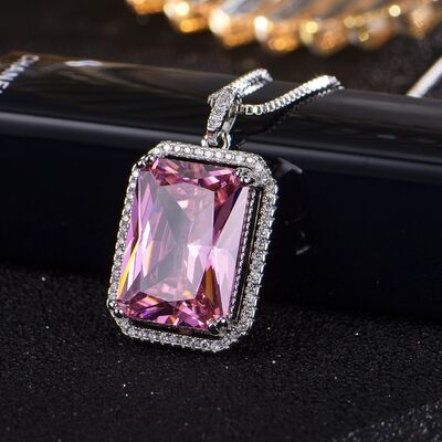 Silver-Plated Artificial Gemstone Rectangle Pendant Necklace