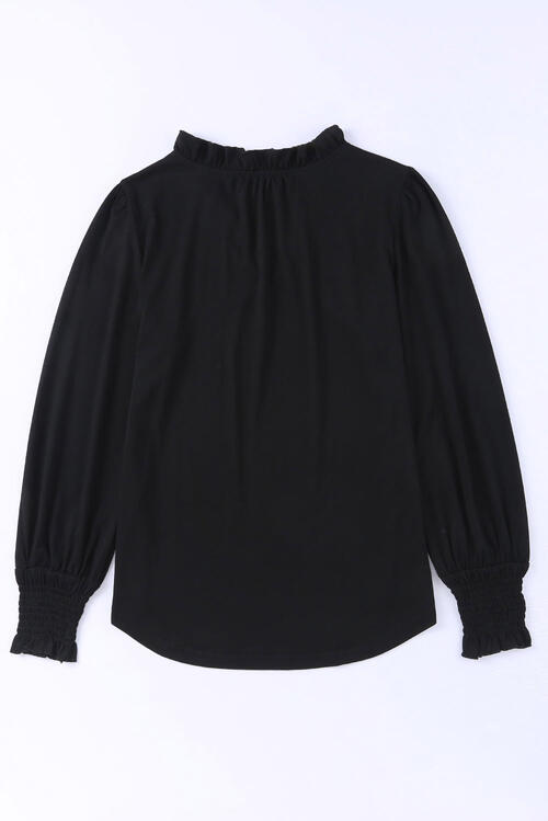 Frill Notched Neck Smocked Designed Long Sleeve Blouse