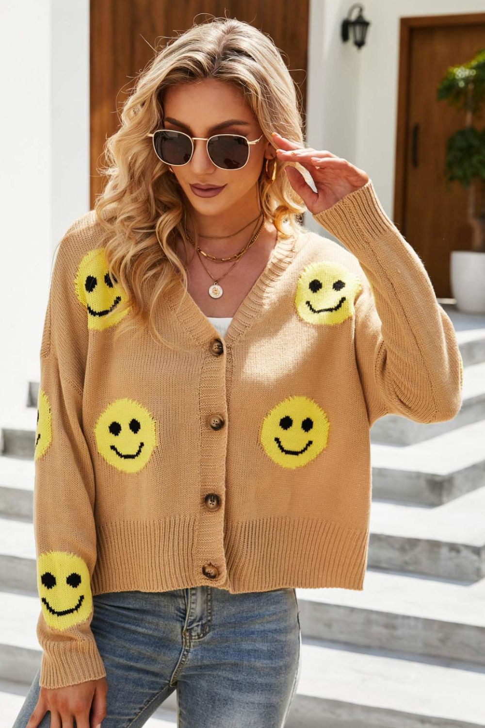 Smiley Face Ribbed Trim V-Neck Cardigan