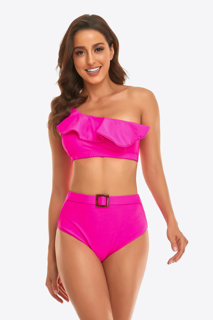 Ruffled One-Shoulder Buckled Bikini Set