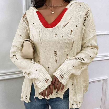 Distressed Slit Drop Shoulder Hooded Sweater