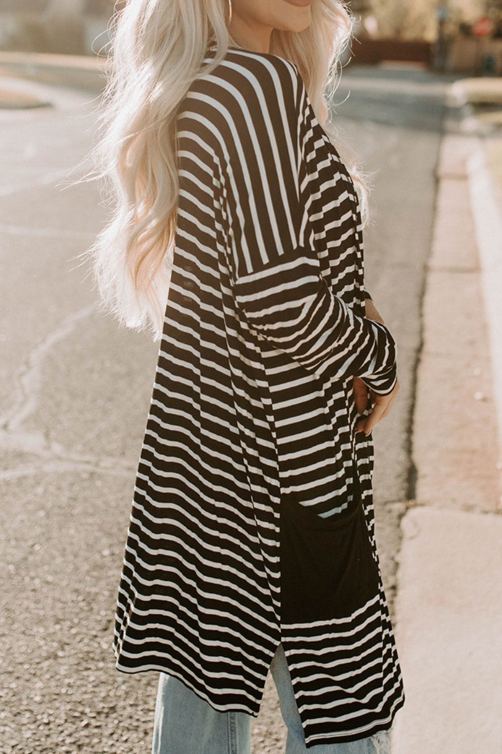 Striped Long Sleeve Cardigan with Pocket