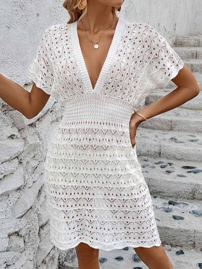 Openwork Plunge Short Sleeve Cover-Up Dress