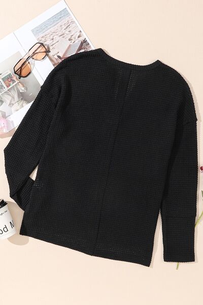 Waffle-Knit Notched Dropped Shoulder Blouse