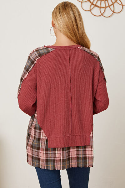 Plaid Round Neck Dropped Shoulder Sweatshirt