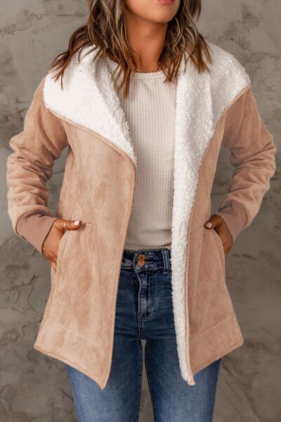 Open Front Long Sleeve Sherpa Jacket with Pockets