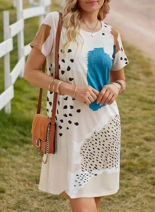 Mixed Print Round Neck T-Shirt Dress