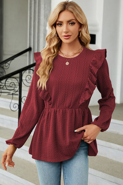 Ruffled Round Neck Balloon Sleeve Blouse