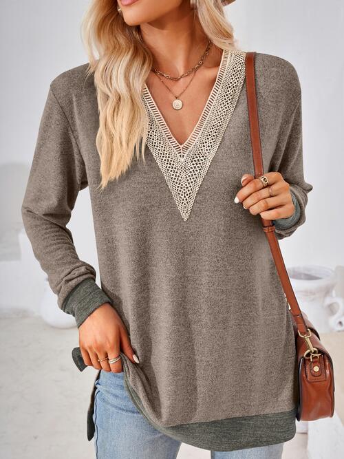 Crochet Contrast V-Neck Long Sleeve Slit T-Shirt