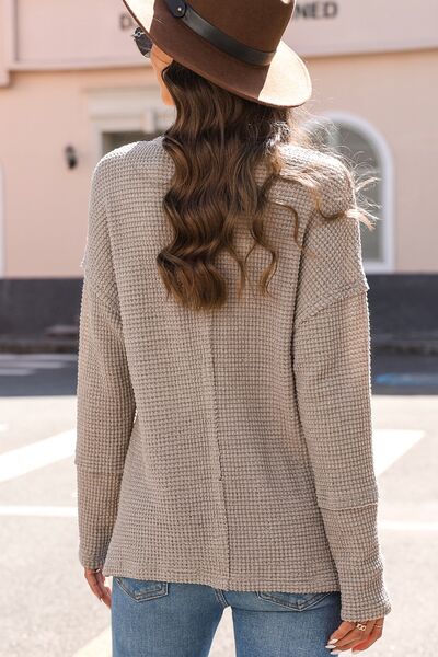 Waffle-Knit Notched Dropped Shoulder Blouse