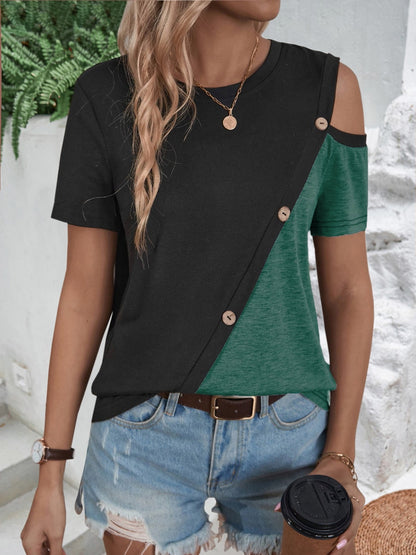 Color Block Round Neck Short Sleeve T-Shirt