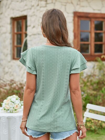 Eyelet V-Neck Short Sleeve Blouse