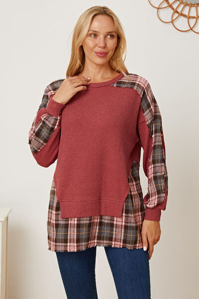 Plaid Round Neck Dropped Shoulder Sweatshirt