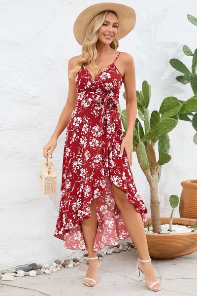 High-Low Tie Waist Printed Cami Dress