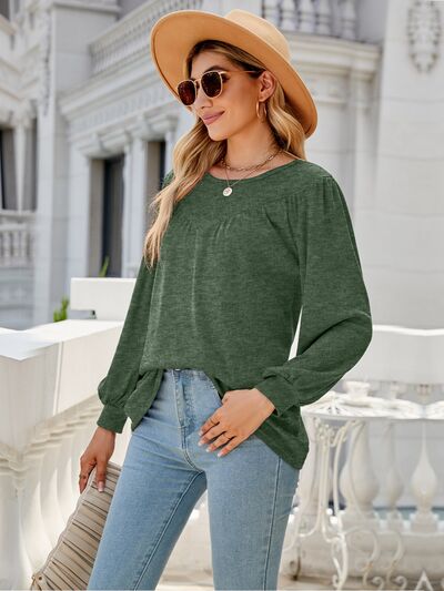 Heathered Round Neck Lantern Sleeve Blouse