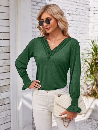 Smocked V-Neck Long Sleeve Blouse