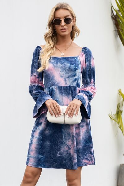 Tie-Dye Square Neck Flounce Sleeve Dress