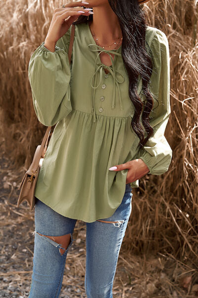 Tied Decorative Button Balloon Sleeve Blouse