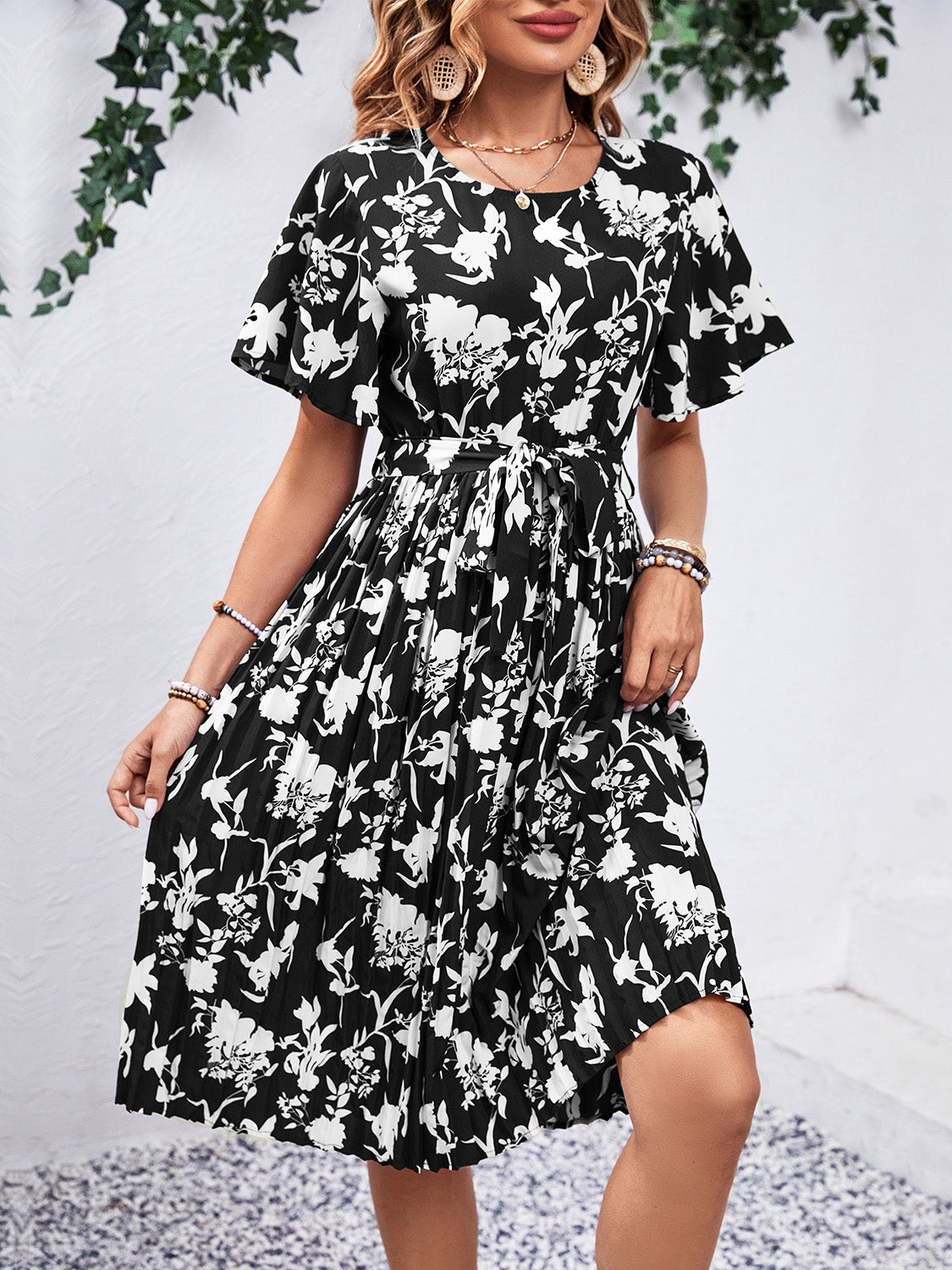 Printed Round Neck Short Sleeve Dress