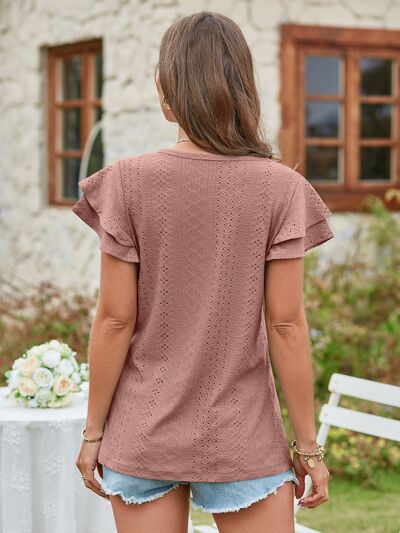 Eyelet V-Neck Short Sleeve Blouse