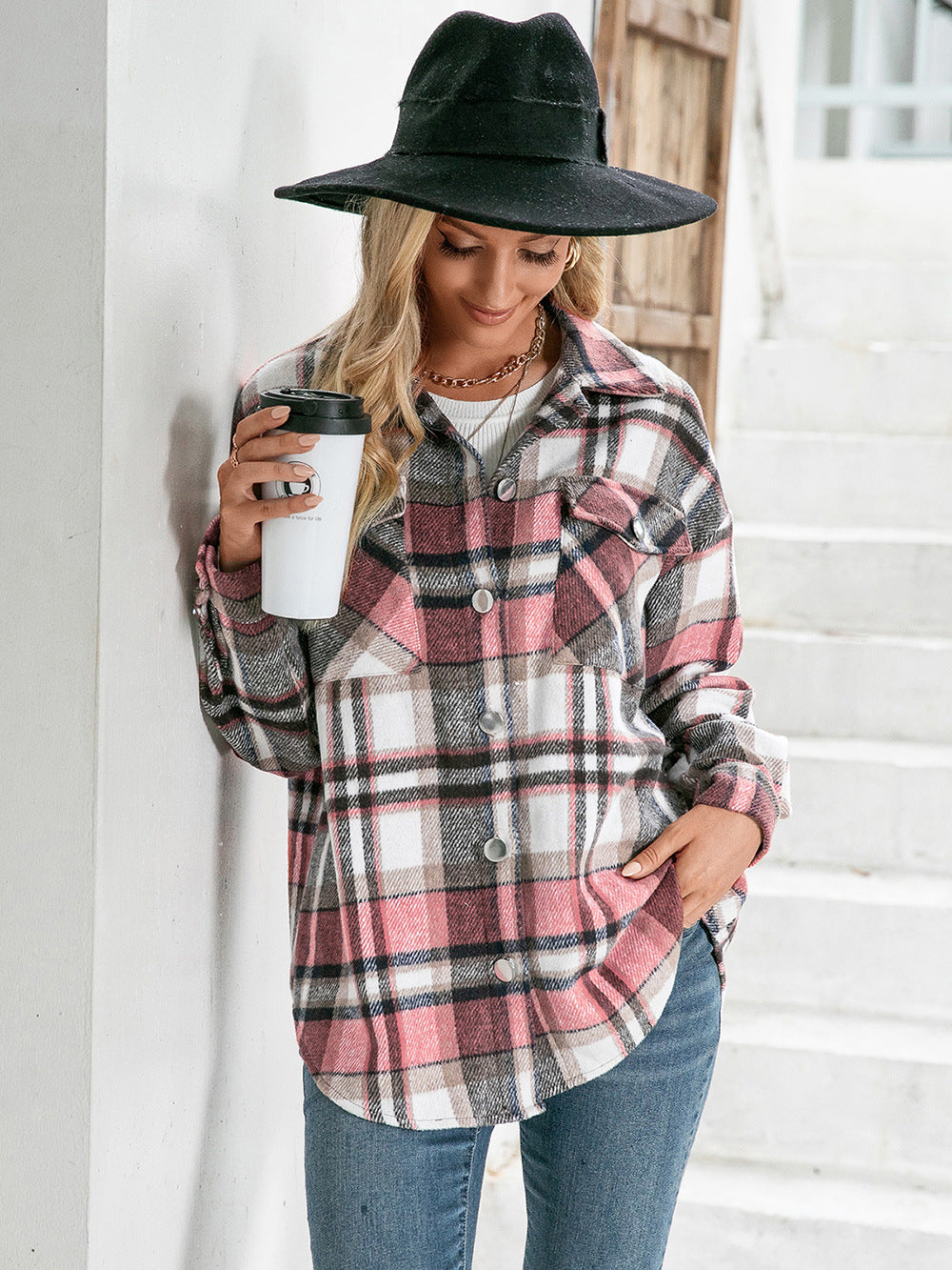 Meet You Outside Plaid Button Down Curved Hem Shacket