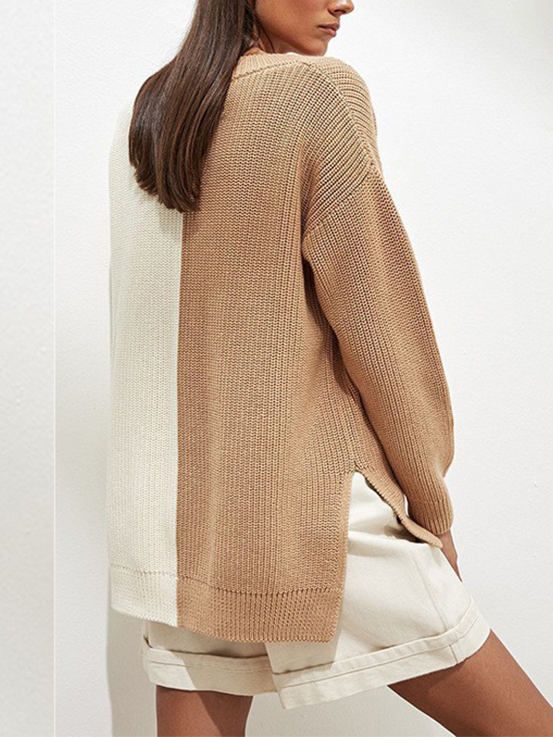 Contrast V-Neck Dropped Shoulder Sweater