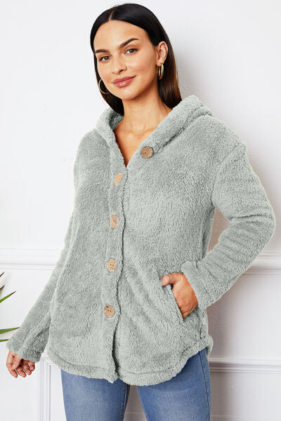 Fuzzy Button Up Hooded Outerwear